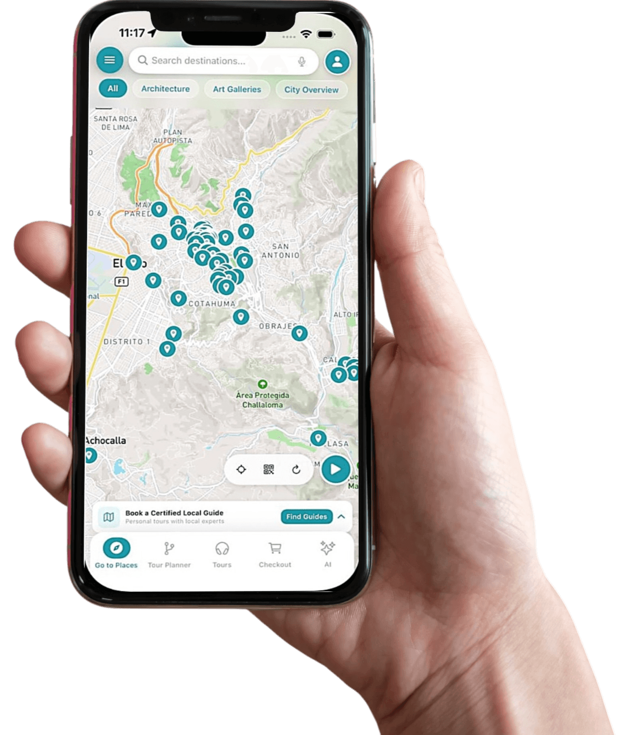 Mano sosteniendo un smartphone con la app abierta